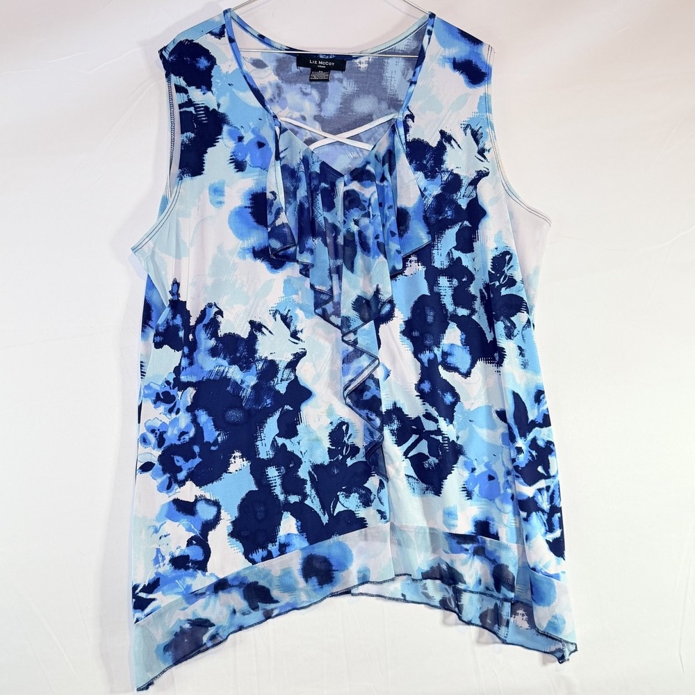 Liz‎ McCoy Women's 2X Blue Floral Ruffle Criss Cross Asymmetrical Hem Top